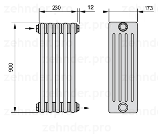 Схема (чертеж) Радиатор Zehnder Charleston 5090/5 №1670 Белый глянцевый RAL 9016